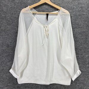 Dawn Baker Women Top 1 Silk White Lined Sheer Blouse Long Sleeve Crew V-Neck